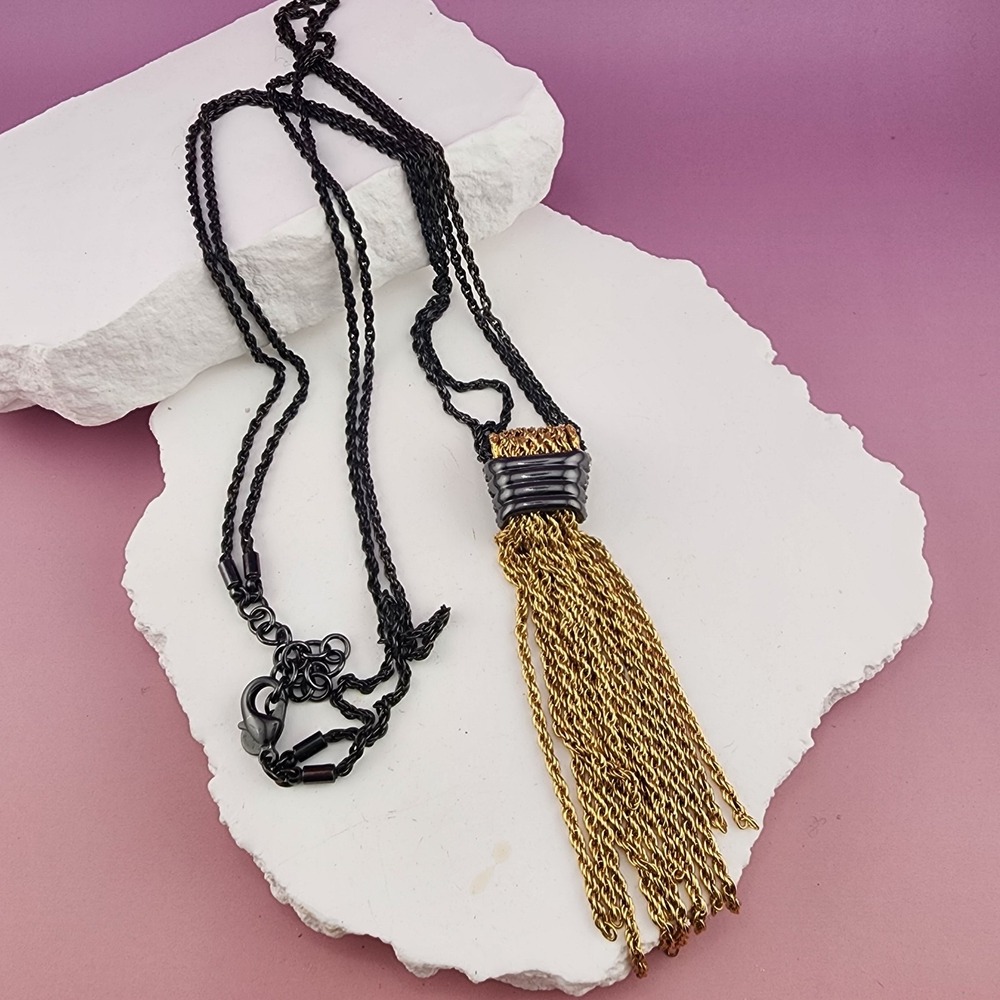 Stella & Dot Hematite & Gold Tone Multi Strand Chain Tassel Pendant Necklace